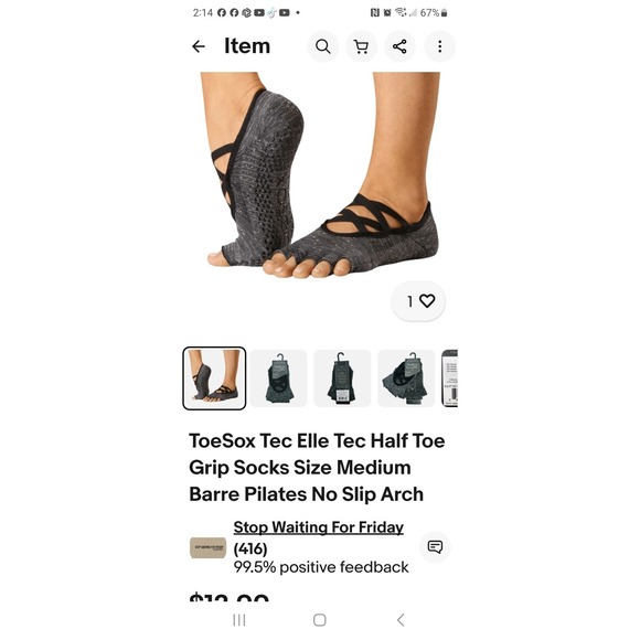 ToeSox Tec Elle Tec Half Toe Grip Socks Size Medium Barre Pilates No Slip Arch - Picture 1 of 4